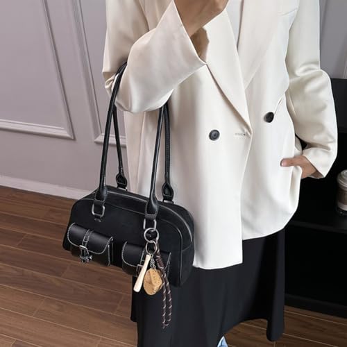 Suede Shoulder Bag Retro Top Handle Bag Y2k 90s Multiple Pockets Handbag Faux Leather Underarm Purse With Pendant3