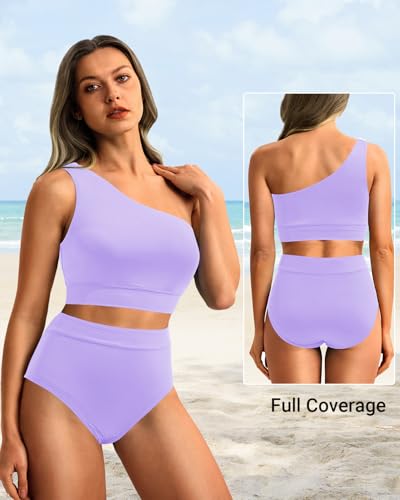 Image of Holipick Women One Shoulder High Waisted Bikini Sets Two Piece Swimsuit Tummy Control Bathing Suit Full Coverage Swimwear