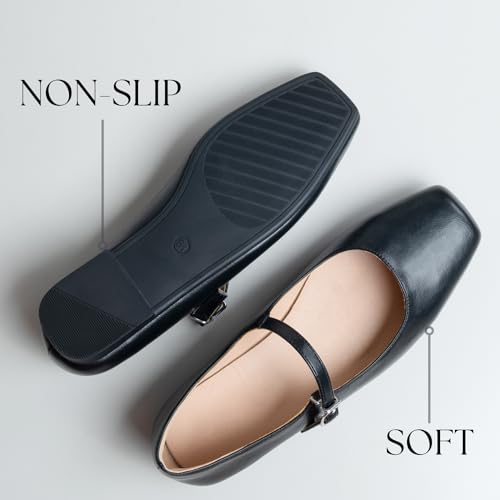 WONDERWAY Women Mary Jane Shoes,Square Toe Flats Ballet Flats for Women, Comfortable Ankle Strap,Easy to take on and Off,Matched with Skirts, Dress,Jeans and More.3