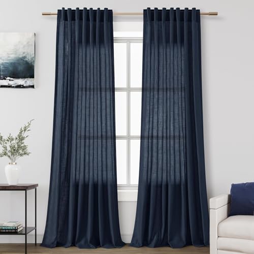 Image of Nanspring Navy Blue Curtains 80 Inches Length for Living Room Back Tab Rod Pocket Semi Sheer Linen Drapes Muted Neutral Boho Indigo Blue Linen Textured Window Curtain for Dining Room 52X80 Inch