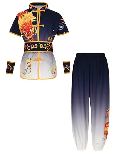Miutii Conjunto de deporte para niños y niñas, uniforme de Tai Chi, camiseta de Kung Fu y pantalones Wushu Chándal chino Kung Fu Wing Chun, C Negro Blanco, 110-116