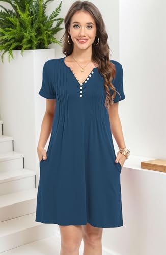 Soesdemo Womens Summer Dresses Short Rolled Sleeve Pleated Button Down V Neck Casual Beach Shift Sundresses with Pockets2