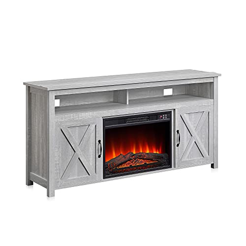 Belleze 58" Tv Stand With 23" Electric Fireplace, Fireplace Tv Stand For Tvs Up To 60", Entertainment Center With Barn Door For Living Room, Media Console Table With Open Shelves And Cabinets, Stone #TOP6