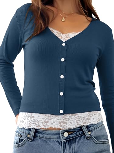 Image of Womens Lace Long Sleeve Top Paneled Henley Shirts Y2k 2000s Fitted Going Out Tops Blouse