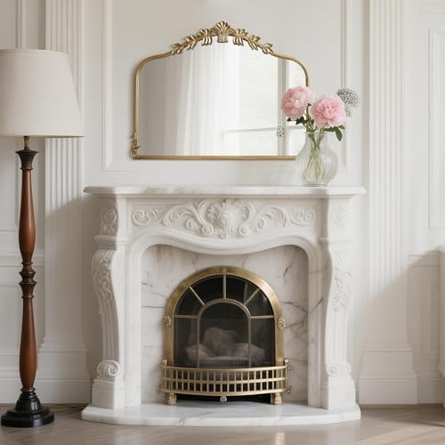Image of WallBeyond Gold Antique Mirror for Vanity 32x24 Inch, Gold Vintage Mirror with Ornate Frame, Arched Vintage Wall for Bathroom, Living Room, Fireplace