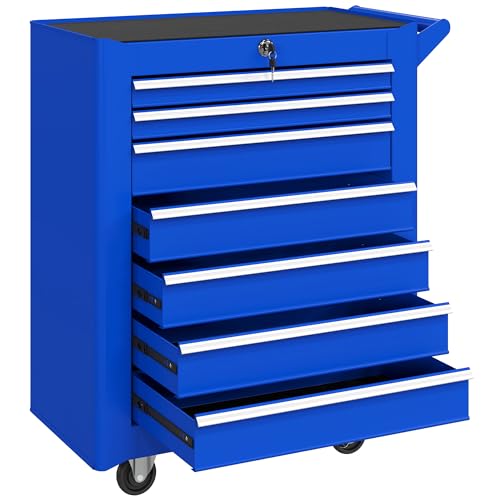 DURHAND Carro de Herramientas con 7 Cajones, Carro de Taller con Cerradura, Asa, 2 Ruedas con Freno de Bloqueo, para Garaje, Hogar, Azul