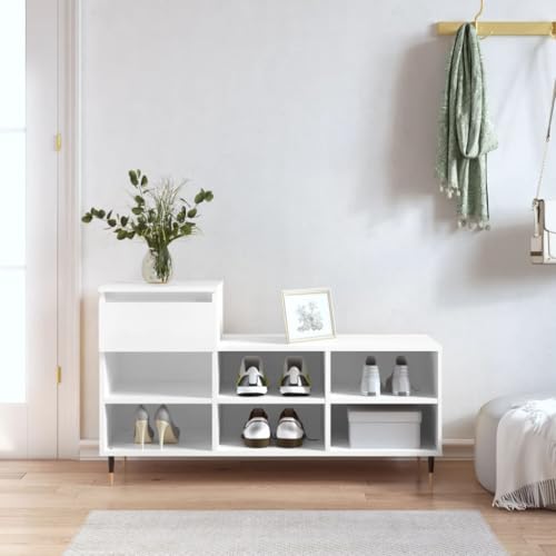 Zapatero blanco con cajón y 6 compartimentos de madera moderna 3