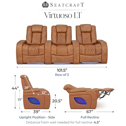 Image of Seatcraft Virtuoso LT Tawny Italian Leather Home Theater Seating, Zero Gravity Power Recliner, Powered Headrest and Lumbar Gaming and Home Office Chair, Heat and Massage Lounge Sofa, Row of 3