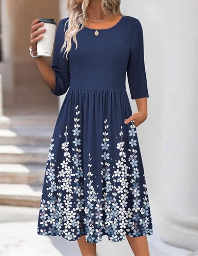Zeagoo Wedding Guest Dress for Women Elastic Waist Lightweight Midi Dress with Pockets 3/4 Sleeve Ladies Summer Floral Pleated Dresses for Party Blue Flower