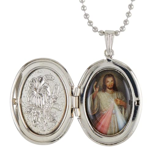 Divine Mercy Silver Tone Locket Necklace For Women, Engraved Floral Design Oval Pendant Photo Charm With Full Color Image Inside, Religious Catholic Jewelry Gifts, 22 Inches #TOP25