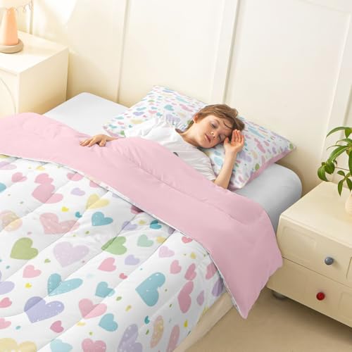 Image of Erosebridal Cute Heart Twin Comforter Set Valentine Love Heart Bedding Set for Kids Girls Rainbow Hand Drawn Style Comforter Cartoon Geometric Duvet Insert