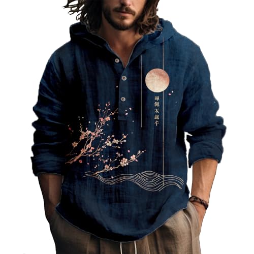 Hooded Long Sleeve Shirt Men Cool Button Up Hoodie Hippe Sweatshirt Casual Artsy Light Weight Shirts