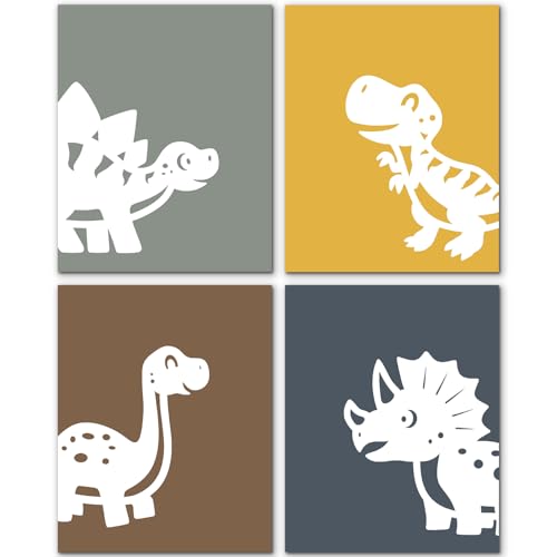 JINYO Boho Neutral Dinosaur Nursery Wall Art Prints Set of 4, Dinosaur Room Decor, Stegosaurus Diplodocus Triceratops Tyrannosaurus Wall Decor Posters Pictures for Boys Room Playroom, 8x10 Unframed