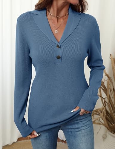 Image of LOMON Sweaters for Women 2025 Fall Knitted V-Neck Collared Button Pullover Dressy Casual Long Sleeve Polo Shirts Business