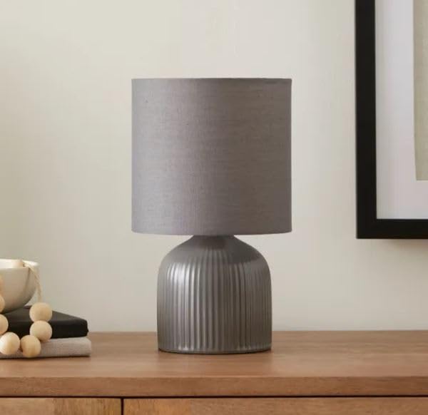 RA-HOMESTORE® New Small But Elegant Ribbed Ceramic Table Lamp Bedside Table Lamp Ceramic Base and Fabric Shade (25cm) (Grey)