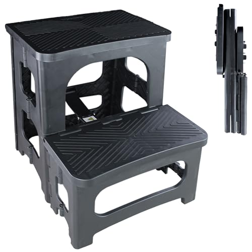 FISHTEC – Escalera plegable con 2 peldaños – Antideslizante – Plegado compacto – Polipropileno – Certificado en – Uso en el hogar – Habitación – Biblioteca