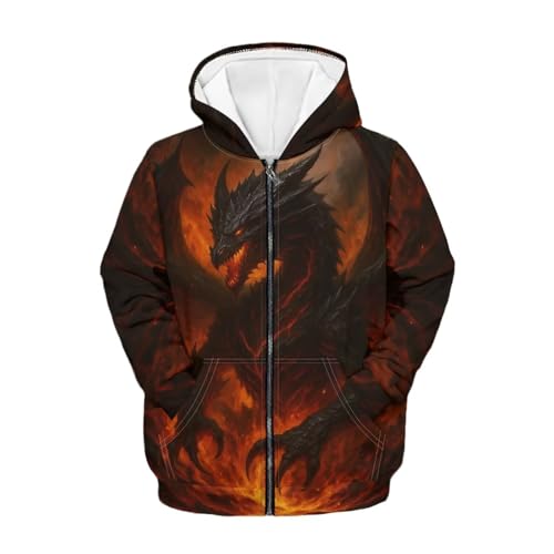 Watdotory Cool Dragon Pattern Lightweight Zip Up Hoodie for Boys Girls Long Sleeve with Pockets Comfy Casual Fall Outerwear ​​Size 12-14​​