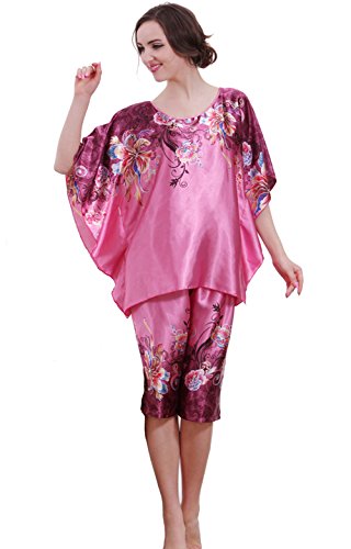 Olivery Womens Faux Silk Sleepwear, Floral Nightgown Bath Pajamas Set