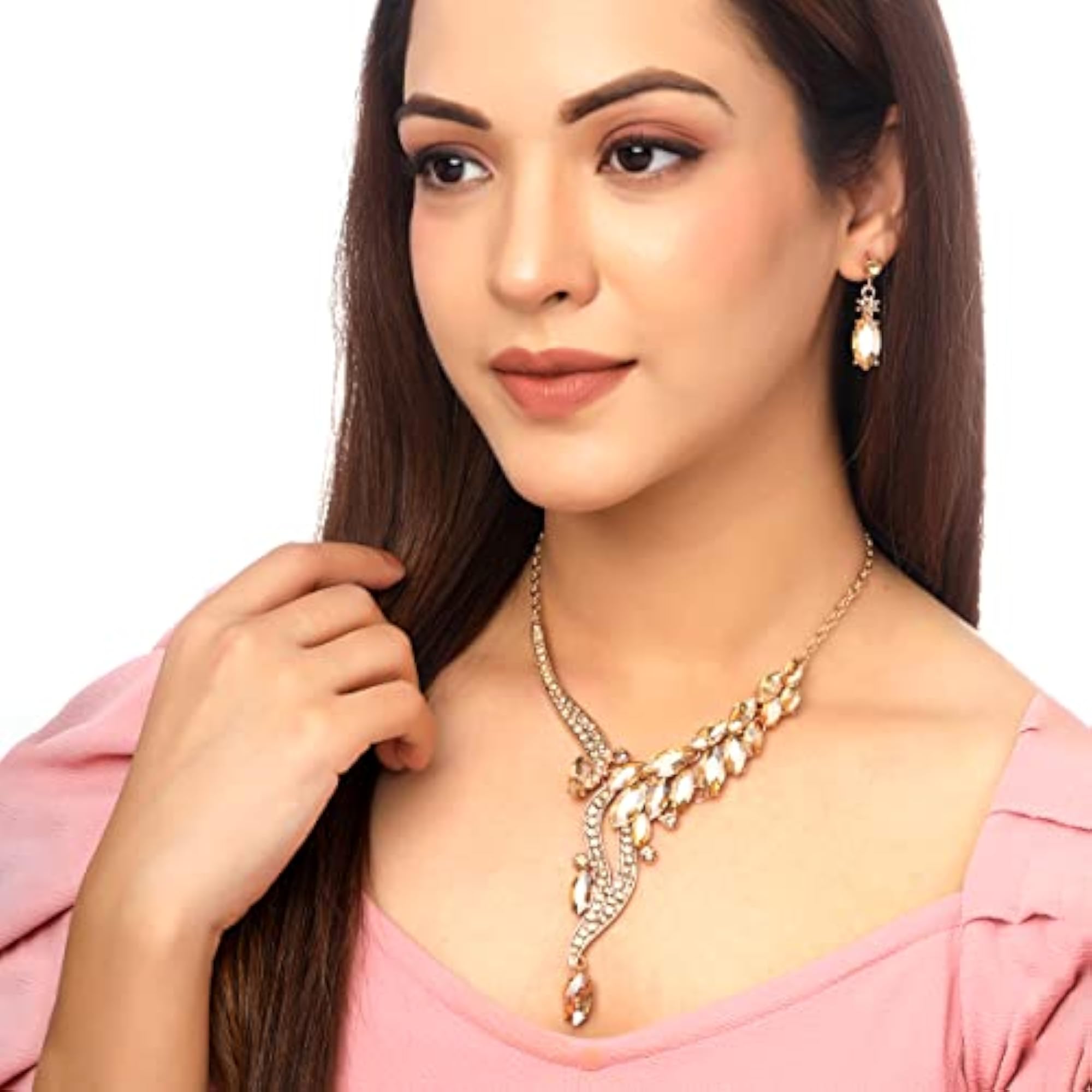 Women's Toned Crystal Necklace Set with Earrings, Gift