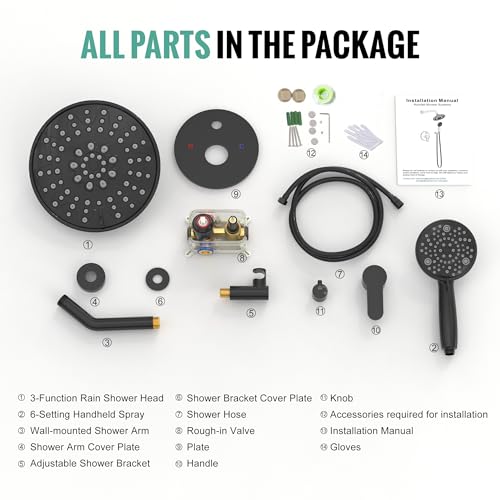 Image of SR SUN RISE Shower Faucet - 8 Inch Multifunctional High Pressure Shower Head System with Handheld Shower Head Fixtures - Valve Included - Matte Black