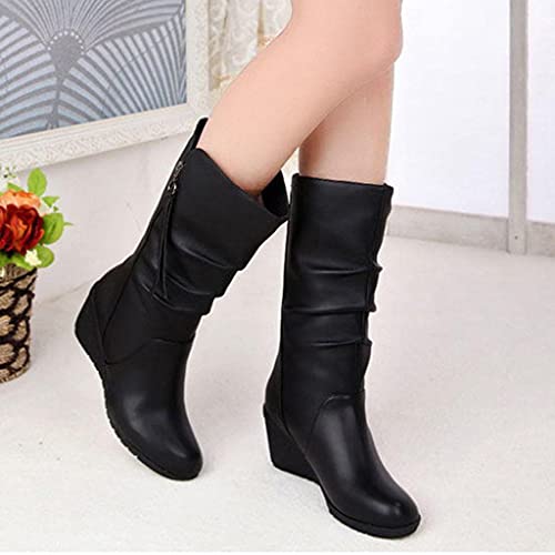 Hbeylia High Heels Boots For Women Ladies Fashion Casual Ruched Leather Round Toe Chunky Dress Pump Mid Calf Boots With Side Zipper Slouchy Motorcycle Riding Long Boots Winter Fall Dressy Tall Boot2