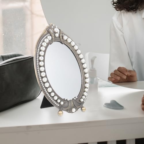 Miroir de maquillage rétro en alliage de zinc marron avec base lourde anti-chute - 5