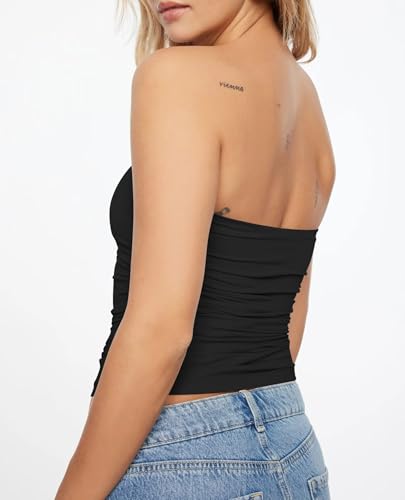 KKJ Womens Tube Tops Strapless Crop Top Ruched Basic Bandeau 2025 Summer Clothes Going Out Cute Sleeveless Fashion Shirts3
