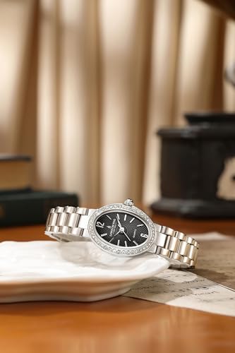 Image of London Fog Queenhithe Collection Watch for Women with Oval Textured Dial, Crystal Studded Bezel, Blue Crown Accent, Quartz Movement and Stainless Steel Strap - LFW20003