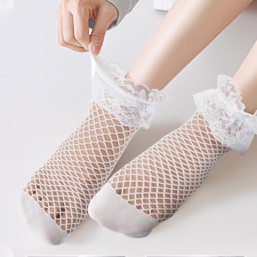 Image of 4 Pairs Fishnet Socks Fish Net Sock Women Summer Sheer Socks For Women Ankle Ruffle For Ladies Princess Gift Daily Wear Parties Black White Fish Net Ruffle Sock