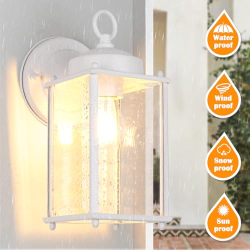 Image of MATAMEYE Large Outdoor Wall Lantern, Exterior Waterproof Wall Sconce Light Fixtures, White Front Door Lighting with Clear Beveled Glass, Anti-Rust E26 Socket Porch Lamp, 2 Pack