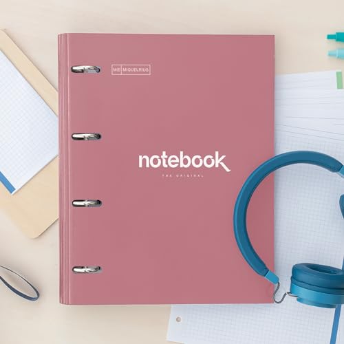Miquelrius - Ringordner A4 Emotions, Ringbuchordner mit 4 Ringen + kariertes Nachfüllpapier 90 g/m², Gummibandverschluss, Ringbuch Büro Zubehör Schul, Altrosa