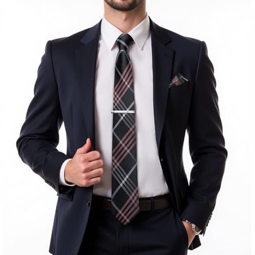 Image of DiBanGu Plaid Ties for Men Silk Checkered Necktie and Pocket Square Cufflinks Tie Clip Set with Gift Box for Wedding Business