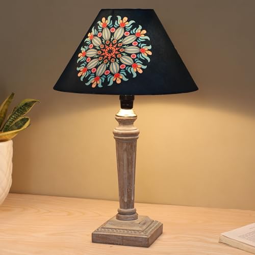 Image of tu casa Hand Carved Equine Wooden Base Bedside Table Lamp With French Floral Print With Satin Shade For Home Decoration Bedroom Living Room Lounge Office Festival Gifting Study Table H - 15 inch / No Blub