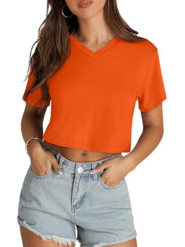 Image of Womens Crop Tops Short Sleeve V Neck Summer Cropped T Shirts Baisc Tees