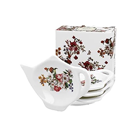 Duo Teebeutelablage Vintage Flowers White 4er Set Teebeutelablagen Teebeutelhalter Teebeutel-Ablagen Teebeutel-Halter Blumenmotiv Blumen Porzellan Weiß Teekanne Cover