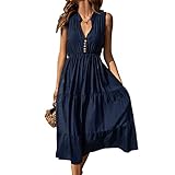 BROVAVE Womens 2025 Summer Sleeveless Shirt Dress Collar Striped V Neck Casual Midi Dresses(Navy, S)