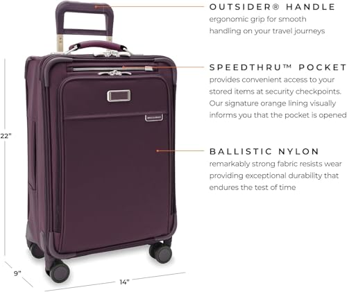 Image of Briggs & Riley Essential 22 inch Carry On Expandable Spinner - Luggage for Travel, Suitcases with Wheels, Softside Rolling Bag for Men & Women, Self-Repairing Zipper - Baseline Collection, Plum
