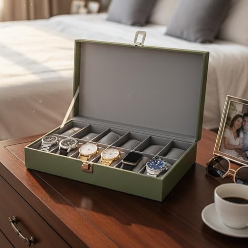 Image of MDF Unisex Faux Leather Watch Organiser Box with 12 Slots | Color: Green