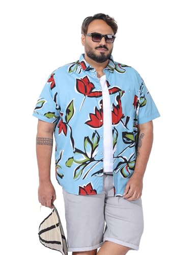 Image of Hardsoda by The Indian Garage Co Men's Plus Size Regular Fit Tropical Print Half Sleeve Cutaway Collar Casual Shirt, blue, 3XL