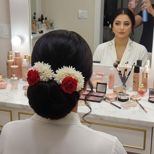 Image of Alvero Handcrafted Artificial Flower Gajra for Women & Girls, Festive Wedding Red Rose & White Jasmine Hair Gajra for Bun, Handmade Scented Floral Juda - 8 x 8 x 3.5cm (Pack of 4 Piece)