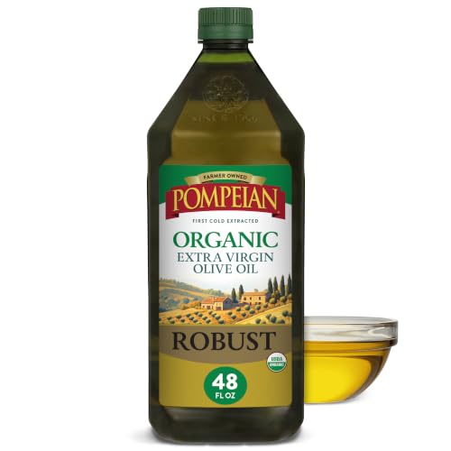 Pompeian Robust Organic Extra Virgin Olive Oil - 48 Fl Oz - First Cold Pressed Olive Oil for Cooking - Full-Bodied Taste for Dressings and Marinades