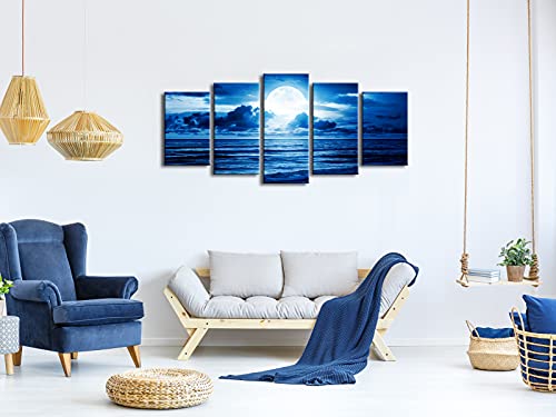 Pyradecor Blue Clouds Canvas Prints Wall Art Moon Sea Beach Pictures Paintings Ready to Hang for Living Room Bedroom Home Decor Modern 5 Piece Stretched Landscape Artwork