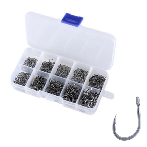 KYLOS Anzuelos De Pesca, 100 Pcs Anzuelos De Pesca En 10 Tamaños, Anzuelos De Púas, Pesca Gancho De Acero Al Carbono Con Caja De Plástico, 3# - 12#