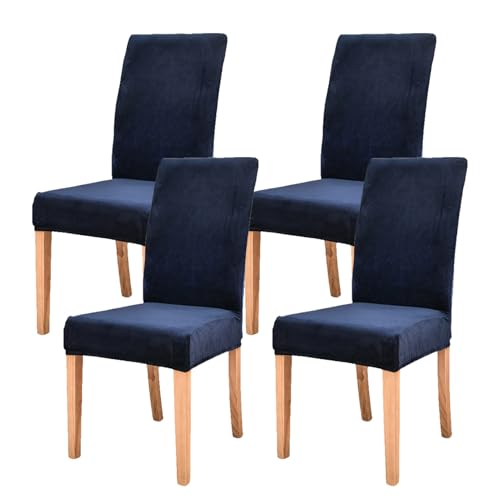 Fundas elásticas de terciopelo para sillas de comedor, fundas para cocina, banquete y hotel, juego de 4 unidades, color azul marino, decoración perfecta para el hogar para comedor y eventos