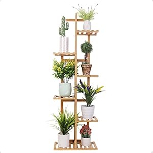 Medla Plantenrek, hout, bloemenstandaard meerdere verdiepingen, 7 planken, plantentrap, bloemenrek, staand rek, voor balkon, restaurant, café, decoratie, 40 x 20 x 122 cm
