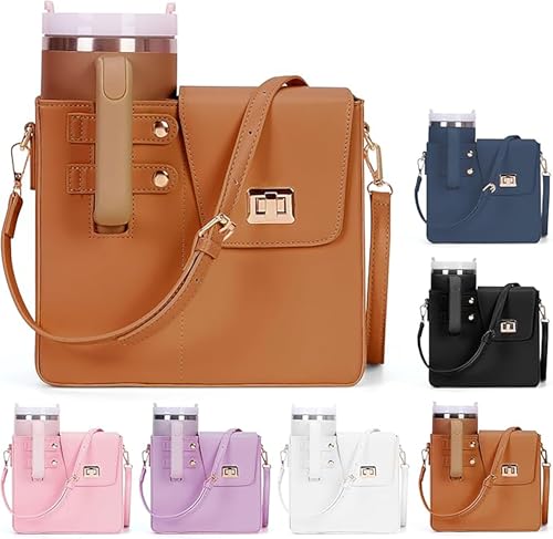 Image of House of Quirk Outdoor Portable Crossbody Tumbler Holder Bag with Purse Compartment - Travel Water Bottle Carrier for Hiking, Walking, Camping (Tan)
