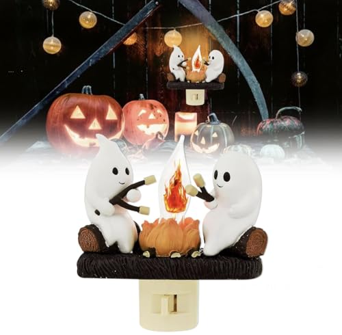 ByeBite Ghost Campfire Flickering Night Light, Ghosts Campfire Flicker Flame Halloween Nightlight, 3D LED Small Faux Campfire Night Light, Halloween NighGhost Campfire Flickering Night Light, White