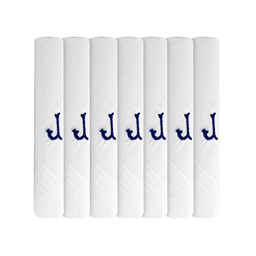 Paquete de 7 pañuelos para hombre, de satén blanco, con inicial bordada en azul J