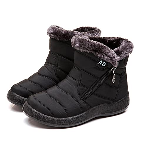 ZHFF Womens Winter Snow Boots Fur Lined Warm Ankle Boots Side Zipper Lightweight Outdoor Flat Walking Shoes Non-Slip Girls Ladies Booties Black