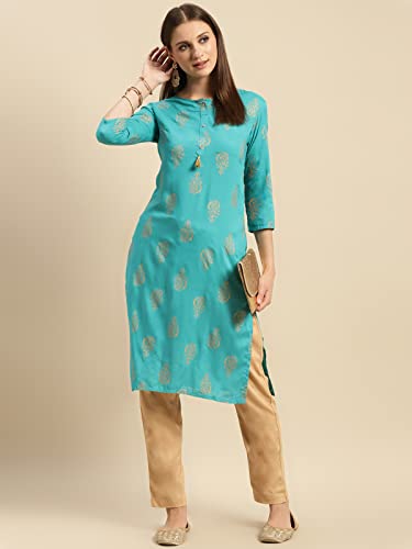 Image of rangita Turquoise Rayon Calf Length Printed Straight Kurti for Women | Kurta for Women
